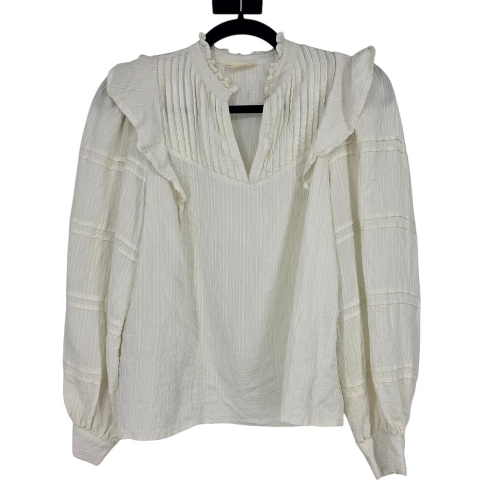 NWOT Mango Off White Textured V-Neck Ruffle Puff Long Sleeve Blouse Top Size S